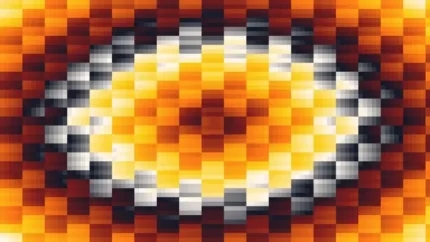 Trama de micro píxeles en tonos amarillo y naranja con ondas concéntricas, video loop VJ para escenario de iglesia