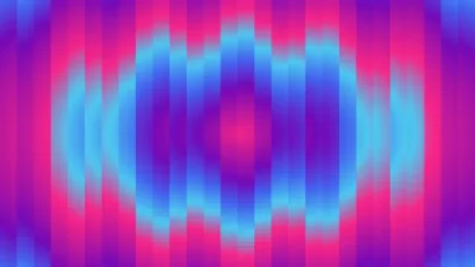 Trama de micro píxeles en tonos magenta y violeta con ondas concéntricas, video loop VJ para escenario de iglesia