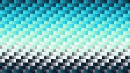 Trama de micro píxeles en tonos teal y aguamarina con bandas horizontales, video loop VJ para escenario de iglesia