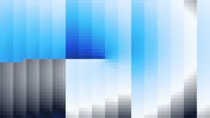 Trama fina de píxeles en tonos azul y teal con órbitas, video loop VJ para escenario de iglesia