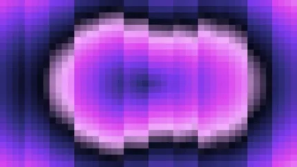 Trama fina de píxeles en tonos púrpura y violeta con ondas concéntricas, video loop VJ para escenario de iglesia