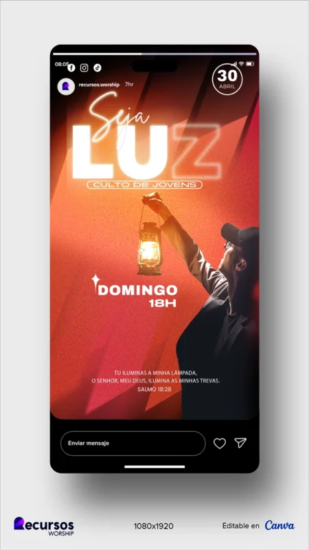 Design Culto de Jovens Eventos Luminosos | Estética Neón Vertical para Stories PSD — mockup, 9:16