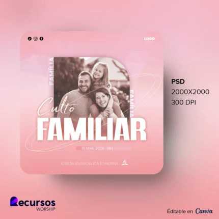 Modelo de Evento de Culto Familiar Moderno | Design Rosa Suave 1:1 para Post Canva — mockup, 1:1