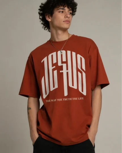 Rust colored oversized Christian t-shirt with an arched gothic Jesus The Way The Truth The Life print