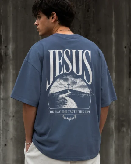 Blue oversized Christian t-shirt with a back print of Jesus and three Calvary crosses The Way The Truth The Life