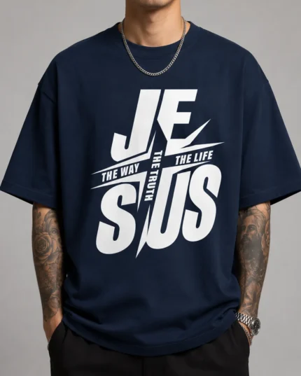 Navy blue oversized Christian t-shirt with a dynamic Jesus cross burst The Way The Truth The Life print