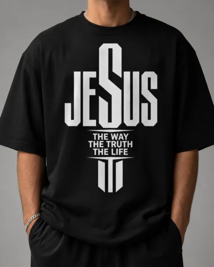 Black oversized Christian t-shirt with a bold Jesus The Way The Truth The Life cross statement print