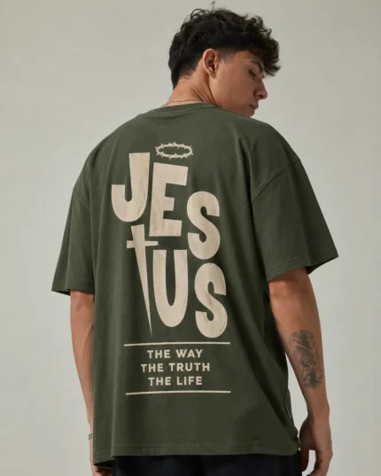 Olive green oversized Christian t-shirt with a back print of Jesus, a cross and crown of thorns The Way The Truth The Life