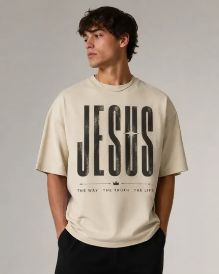 Cream colored vintage oversized Christian t-shirt with a distressed Jesus crown The Way The Truth The Life print