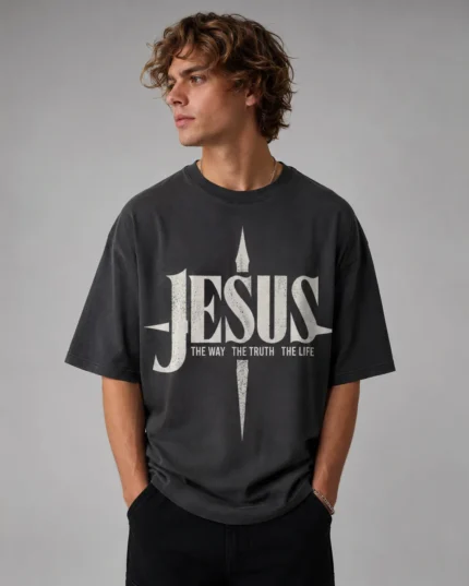 Washed gray oversized Christian t-shirt with an elegant serif Jesus The Way The Truth The Life print