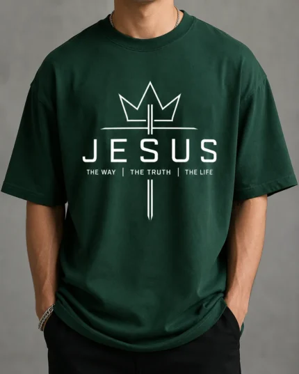 Forest green oversized Christian t-shirt with a minimalist Jesus crown and The Way The Truth The Life print