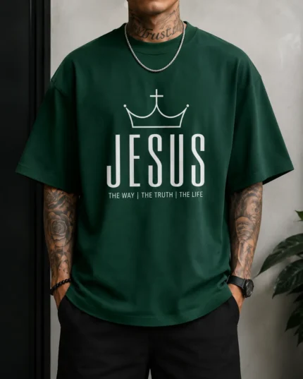 Green oversized Christian t-shirt with a royal Jesus crown and The Way The Truth The Life print