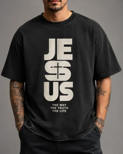 Washed black vintage oversized Christian t-shirt with a stacked Jesus cross The Way The Truth The Life print