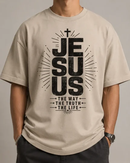 Sand colored vintage oversized Christian t-shirt with a stacked Jesus sunburst The Way The Truth The Life print