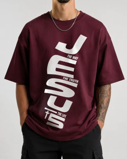Maroon oversized streetwear Christian t-shirt with a vertical Jesus The Way The Truth The Life typography print