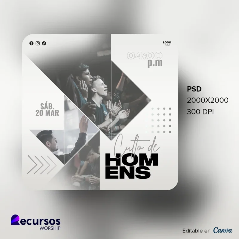 Modelo para culto de homens em igrejas cristãs | Estilo cinza moderno 1:1 no Canva — mockup, 1:1