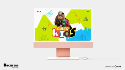 Fundo de Culto Infantil Colorido Dominical Editável | Estilo Lima 16:9 para Tela Photoshop — mockup, 16:9