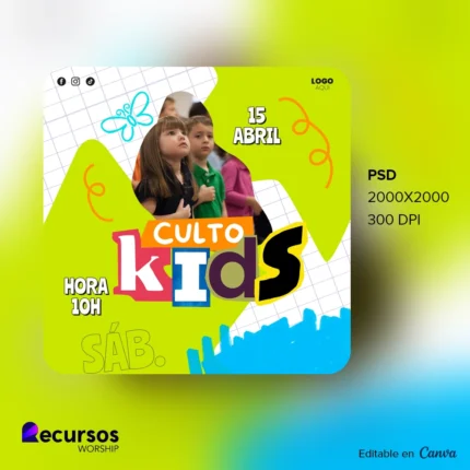 Modelo de Culto Infantil Colorido Dominical Editável | Estilo Lima 1:1 para Redes Canva — mockup, 1:1