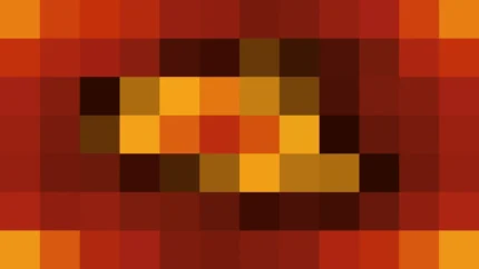 Bloques de píxeles en tonos amarillo y rojo con ondas concéntricas, imagen still VJ para escenario de iglesia