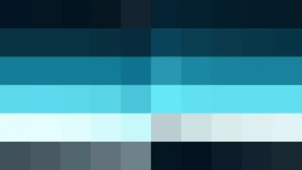 Bloques de píxeles en tonos celeste y teal con bandas horizontales, imagen still VJ para escenario de iglesia