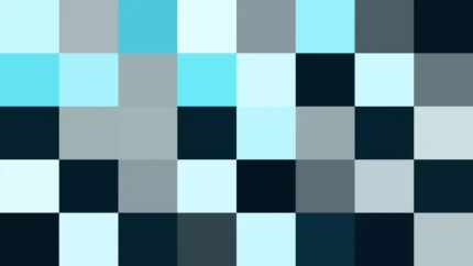 Bloques de píxeles en tonos celeste y teal con prisma, imagen still VJ para escenario de iglesia