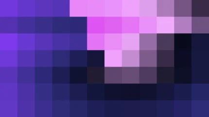 Bloques de píxeles en tonos púrpura y violeta con órbitas, imagen still VJ para escenario de iglesia