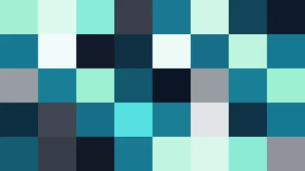 Bloques de píxeles en tonos teal y aguamarina con caleidoscopio, imagen still VJ para escenario de iglesia