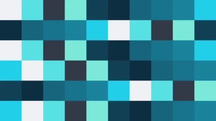Bloques de píxeles en tonos teal y aguamarina con damero, imagen still VJ para escenario de iglesia