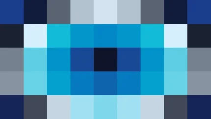Bloques de píxeles en tonos teal y azul con ondas concéntricas, imagen still VJ para escenario de iglesia