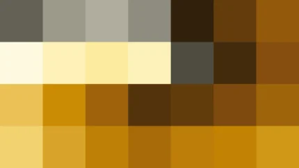 Bloques de píxeles grandes en tonos amarillo y terracota con espiral, imagen still VJ para escenario de iglesia