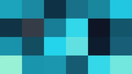 Bloques de píxeles grandes en tonos teal y aguamarina con túnel, imagen still VJ para escenario de iglesia