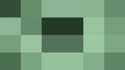 Bloques de píxeles grandes en tonos verde y salvia con ondas concéntricas, imagen still VJ para escenario de iglesia