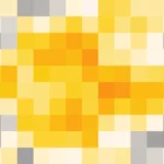 Mosaico de píxeles en tonos amarillo y naranja con bandas partidas, imagen still VJ para escenario de iglesia