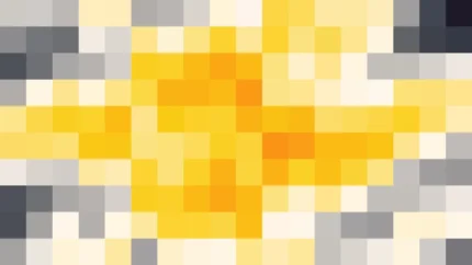 Mosaico de píxeles en tonos amarillo y naranja con bandas partidas, imagen still VJ para escenario de iglesia