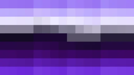 Mosaico de píxeles en tonos azul y violeta con barrido vertical, imagen still VJ para escenario de iglesia