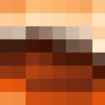 Mosaico de píxeles en tonos naranja y terracota con barrido vertical, imagen still VJ para escenario de iglesia