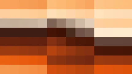 Mosaico de píxeles en tonos naranja y terracota con barrido vertical, imagen still VJ para escenario de iglesia