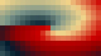 Mosaico de píxeles en tonos rojo y amarillo con espiral, imagen still VJ para escenario de iglesia