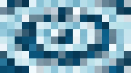 Mosaico de píxeles en tonos teal y celeste con efecto lente, imagen still VJ para escenario de iglesia