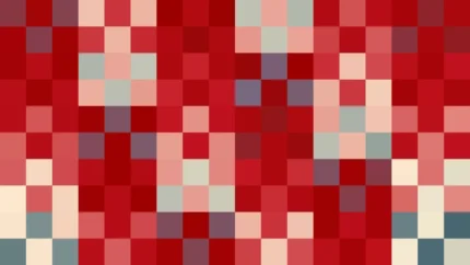 Mosaico de píxeles en tonos teal y rojo, imagen still VJ para escenario de iglesia