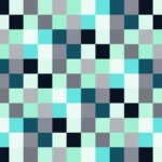 Mosaico de píxeles en tonos teal y aguamarina con damero, imagen still VJ para escenario de iglesia