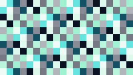 Mosaico de píxeles en tonos teal y aguamarina con damero, imagen still VJ para escenario de iglesia