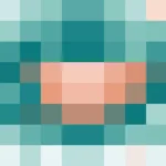 Mosaico de píxeles en tonos turquesa y melocotón con rombos, imagen still VJ para escenario de iglesia