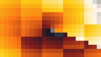 Mosaico denso de píxeles en tonos amarillo y naranja con órbitas, imagen still VJ para escenario de iglesia