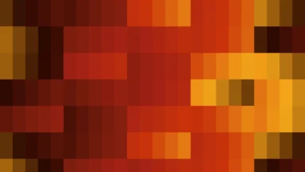 Mosaico denso de píxeles en tonos amarillo y rojo con barrido horizontal, imagen still VJ para escenario de iglesia