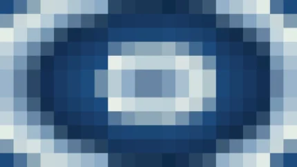 Mosaico denso de píxeles en tonos azul y marino con ondas concéntricas, imagen still VJ para escenario de iglesia