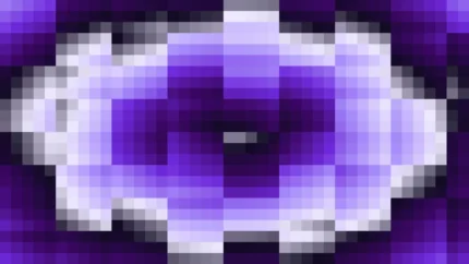 Mosaico denso de píxeles en tonos azul y violeta con ondas concéntricas, imagen still VJ para escenario de iglesia