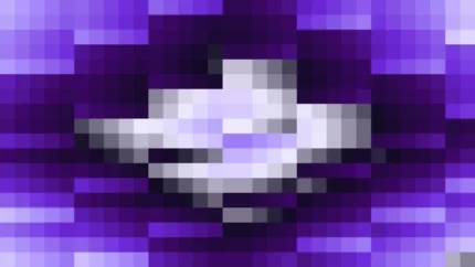 Mosaico denso de píxeles en tonos azul y violeta con rombos, imagen still VJ para escenario de iglesia
