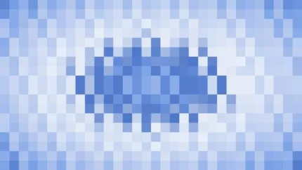 Mosaico denso de píxeles en tonos azul con ondas concéntricas, imagen still VJ para escenario de iglesia