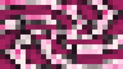 Mosaico denso de píxeles en tonos magenta con caleidoscopio, imagen still VJ para escenario de iglesia